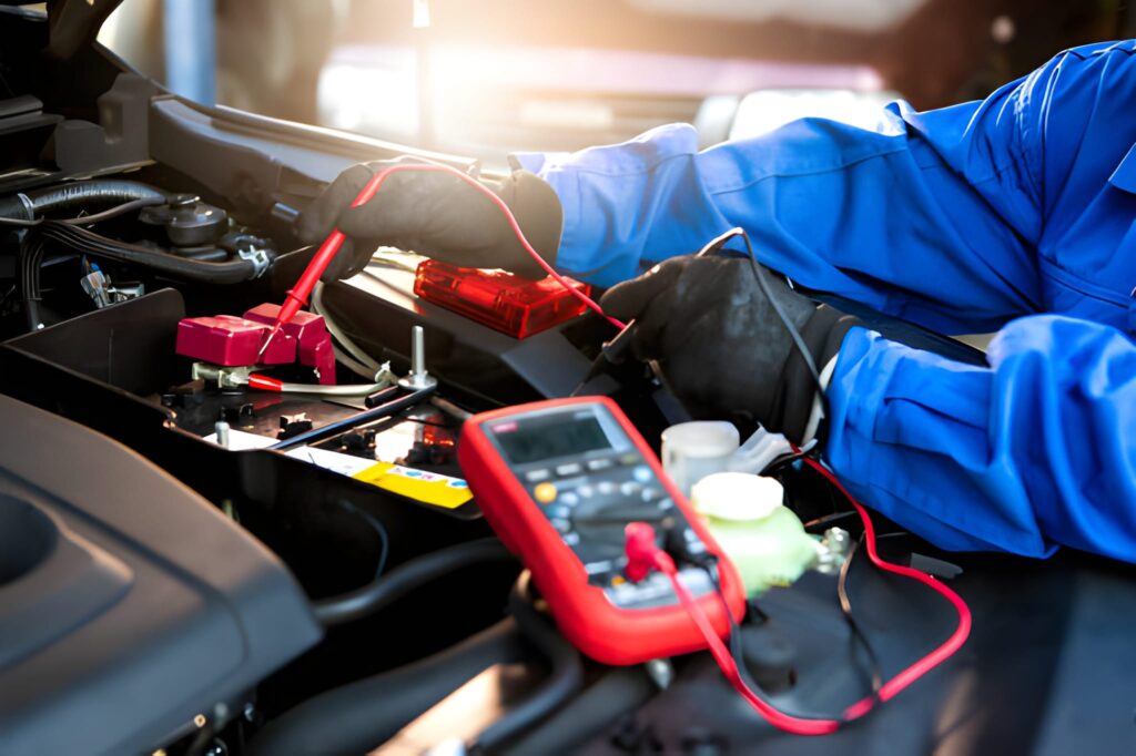 An automotive technician wearing blue overalls and black gloves tests a car battery using a multimeter, with the vehicle’s hood open in a brightly lit workshop